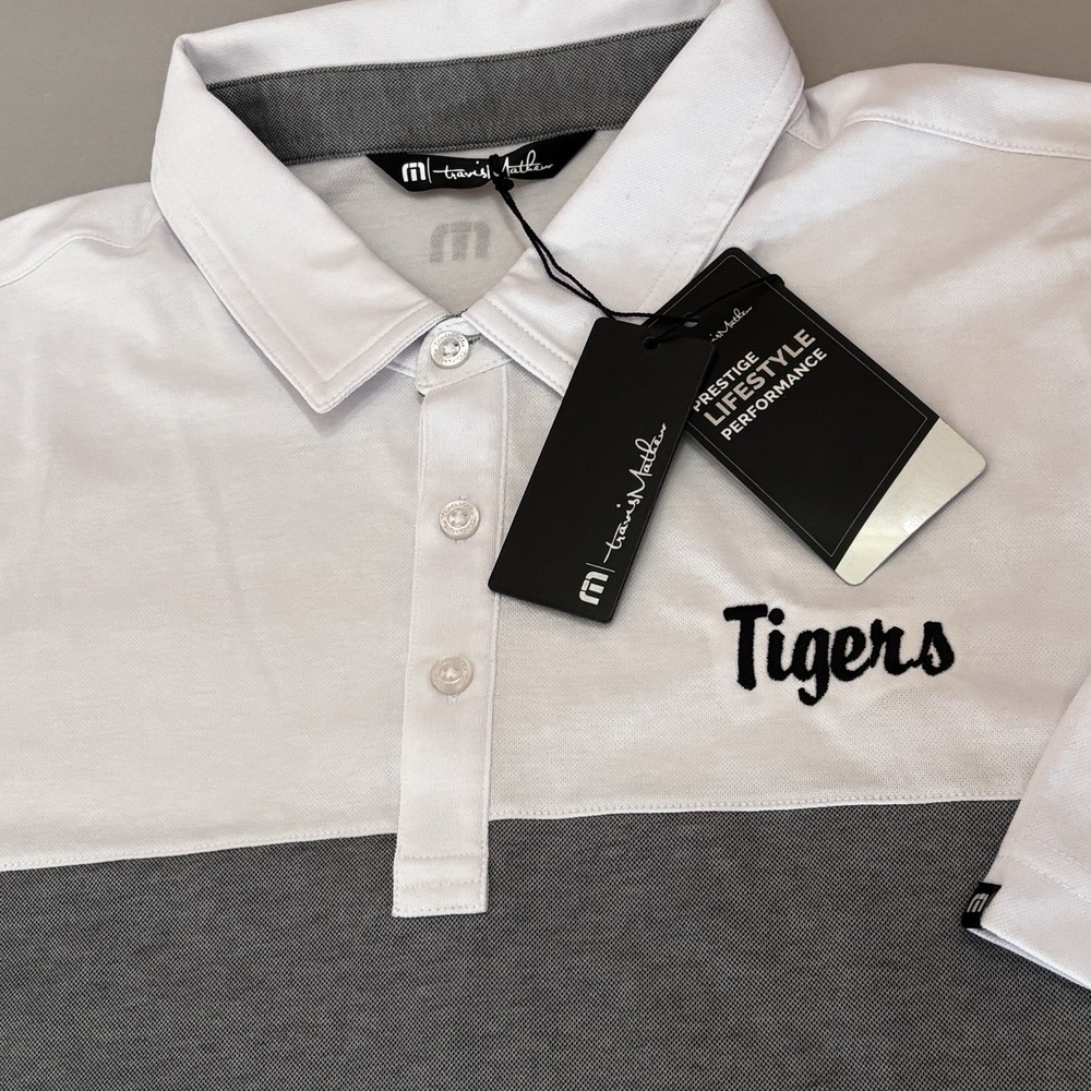 TravisMathew Oceanside Blocked Polo Mens‎ XL White Gray Tigers Logo NWT
